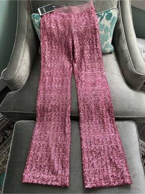 NWT Chiara Boni Blush Pink Sequin Flare Pull-on Pants with Elastic Waist Size 4